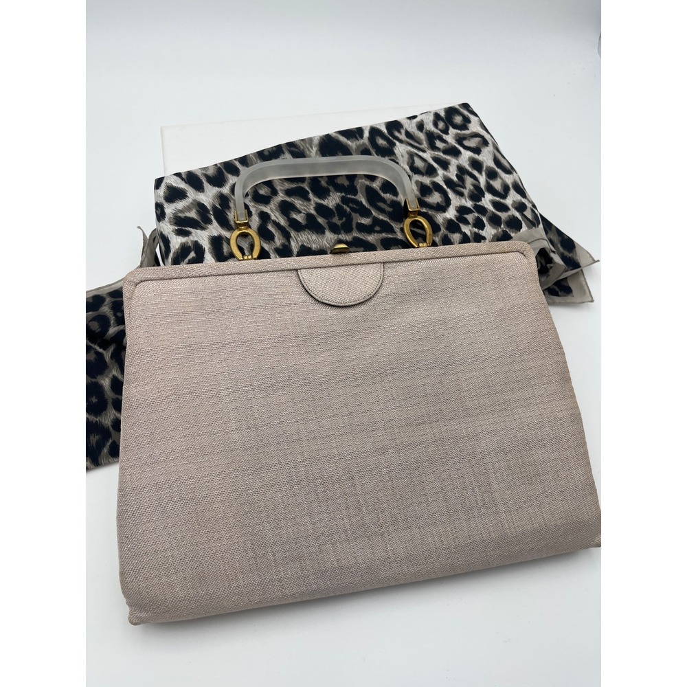 Vintage mid 50's La France Beige Linen Bag Lucite Handle Striped Lining MCM